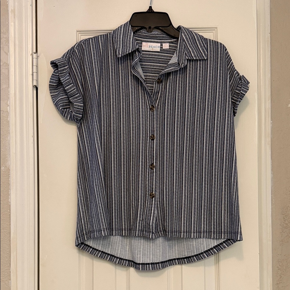 Belle by Kim Gravel Striped Button-Up Top - Navy and White
